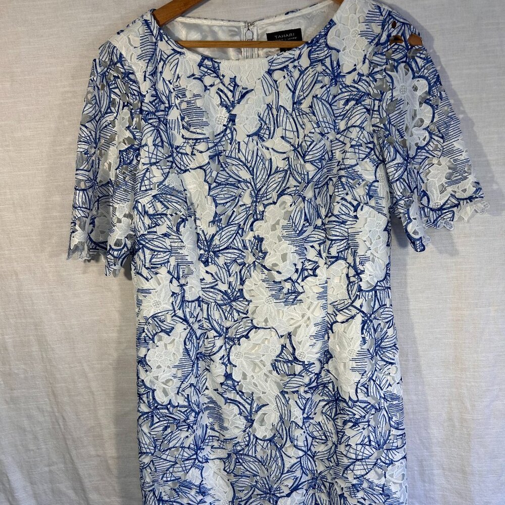 Blue and white Tahari Lace Sheath Dress.   Size 14.